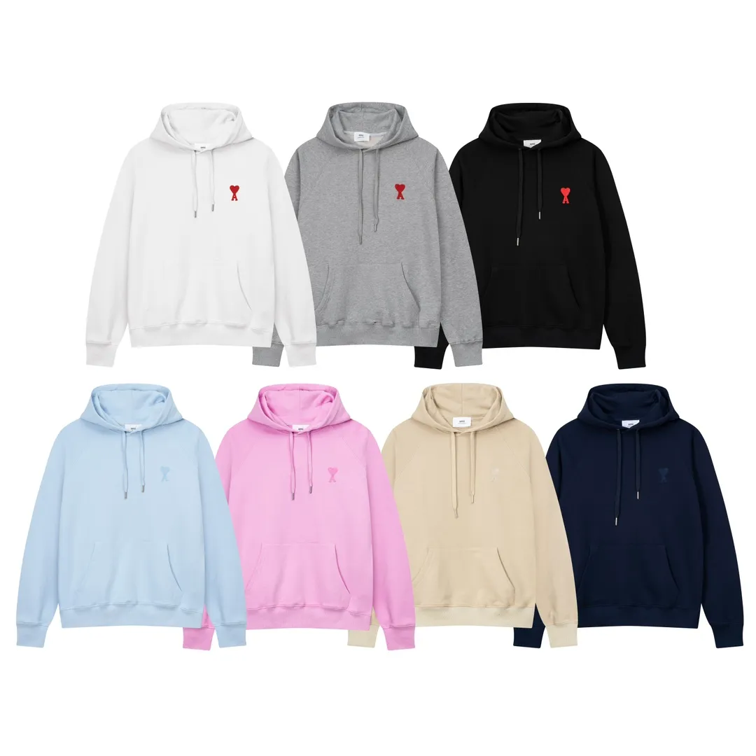 635# AMI Paris 2023 new product love towel embroidered raglan hooded sweatshirt, custom-made 400g pure cotton fabric, same style for men and women. Color: black, white, candy pink, sky blue, floral gray, vanilla apricot, orchid. Size: S-XL