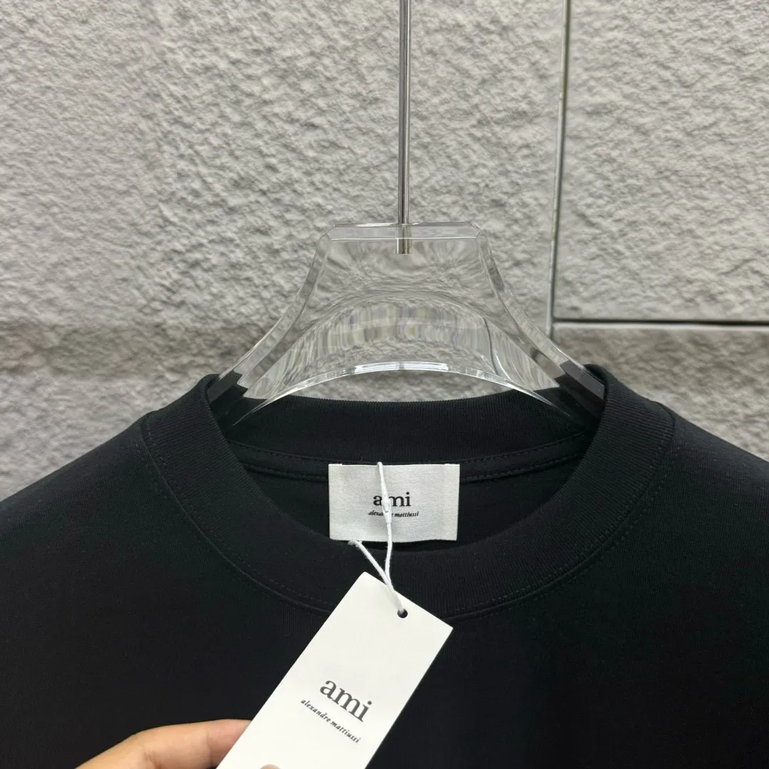 🅿️180 Ami* 2025 spring and summer new style Embroidered red love Customized double yarn plain cotton fabric Short-sleeved T-shirt Uniform for men and women Color: black white light blue light pink Size: S (90-130 pounds) M (120-150 pounds) L (140-165 pounds) XL (160-180 pounds) XXL (180-210 pounds)