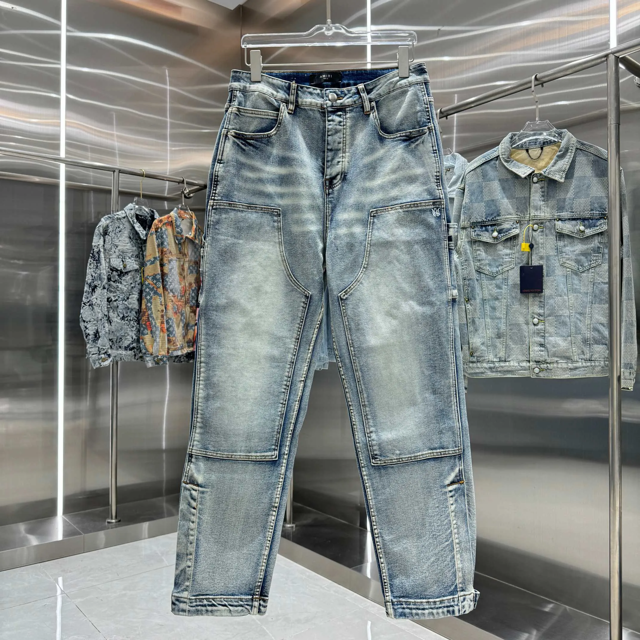 P300 Amiri Heavy-duty washed workwear street fashion loose straight jeans Color Light Blue Size 30 32 34 36 38