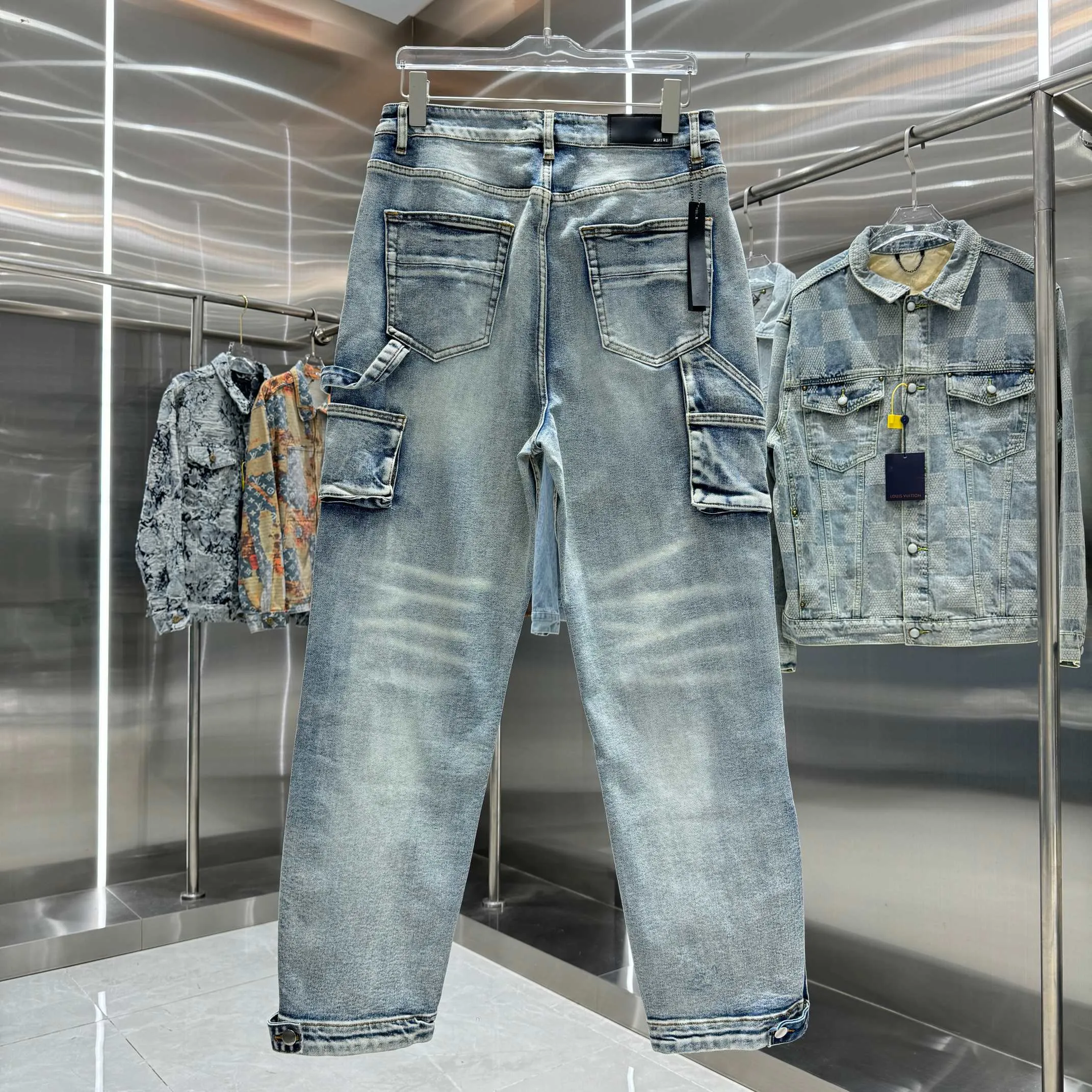P300 Amiri Heavy-duty washed workwear street fashion loose straight jeans Color Light Blue Size 30 32 34 36 38