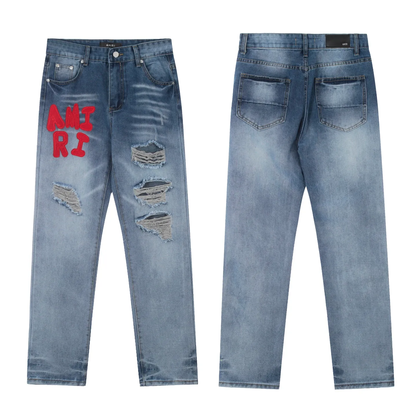 #M39 P168💰 Amiri classic embroidered patched leather distressed lettered jeans. Slim fit jeans. Produced by a major washed factory. Full of high-end. Partial destruction of the knees and patchwork design. Already used as a facade design. Leather waist nameplate. The focus of this style is not on the washing, but on the destroyed shape and version. The secret lies in the craftsmanship of the master. The cost of post-processing, grinding, cutting, etc. is far beyond the cost of assembly line products. Color: Picture color Size: 30-32-34-36