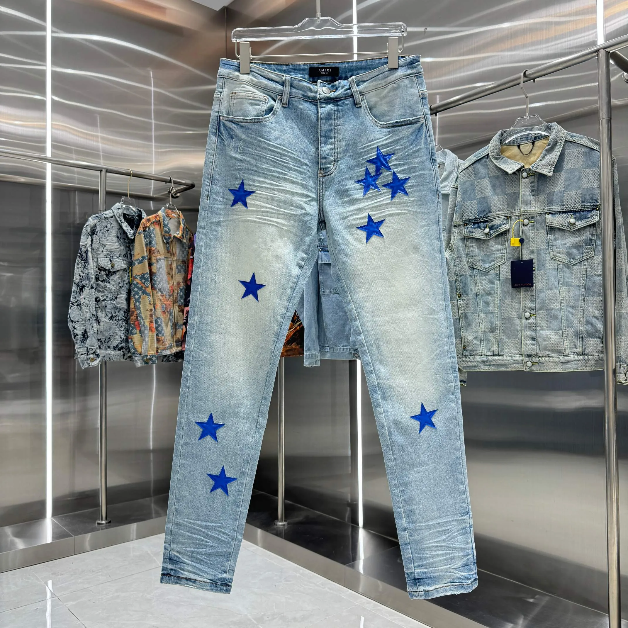 P290 Amiri star leather label street fashion slim fit stretch jeans color light blue size 30 32 34 36 38