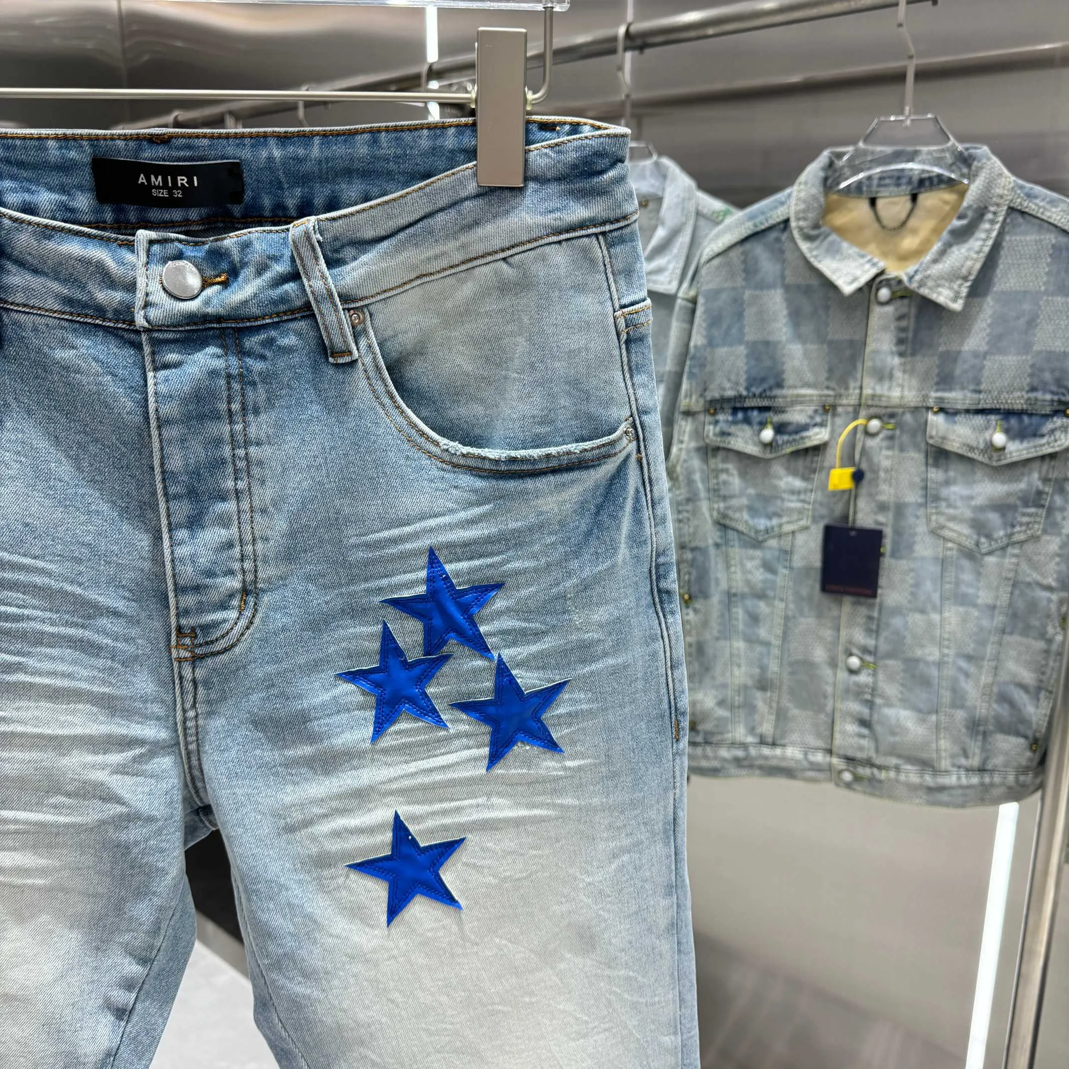 P290 Amiri star leather label street fashion slim fit stretch jeans color light blue size 30 32 34 36 38