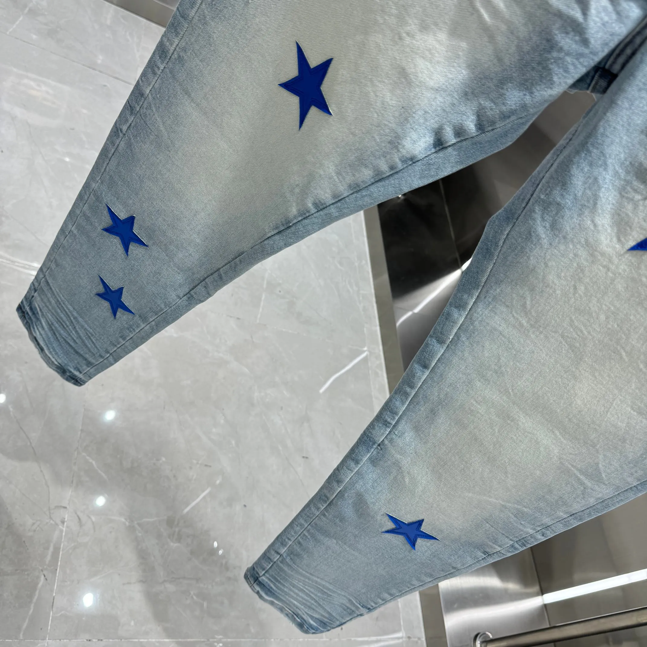 P290 Amiri star leather label street fashion slim fit stretch jeans color light blue size 30 32 34 36 38