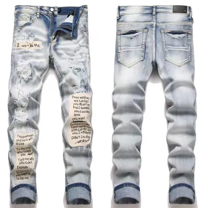#M40 P168💰 Amiri classic embroidered patched leather ripped letter jeans, slim fit jeans, produced by a major washed factory, full of high-end feel, partially destroyed knee design with leather patch design, has been used as a facade design, leather waist nameplate, the focus of this style is not on the washing, but on the destroyed shape and version. The secret lies in the craftsmanship of the master. The cost of post-processing, grinding, cutting, etc. is far beyond the cost of assembly line products. Color: Picture color Size: 30-32-34-36