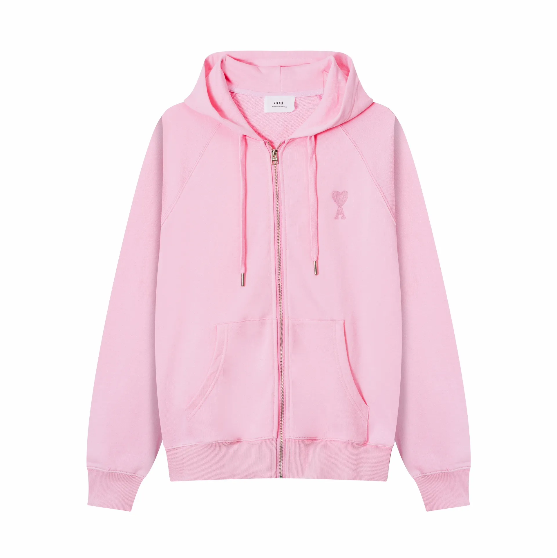 641# AMI Paris 2023 new product love towel embroidered raglan hooded cardigan sweatshirt. Customized 400g pure cotton fabric. Same style for men and women. Color: black, white, candy pink, sky blue, floral gray, vanilla apricot, orchid. Size: S-XL