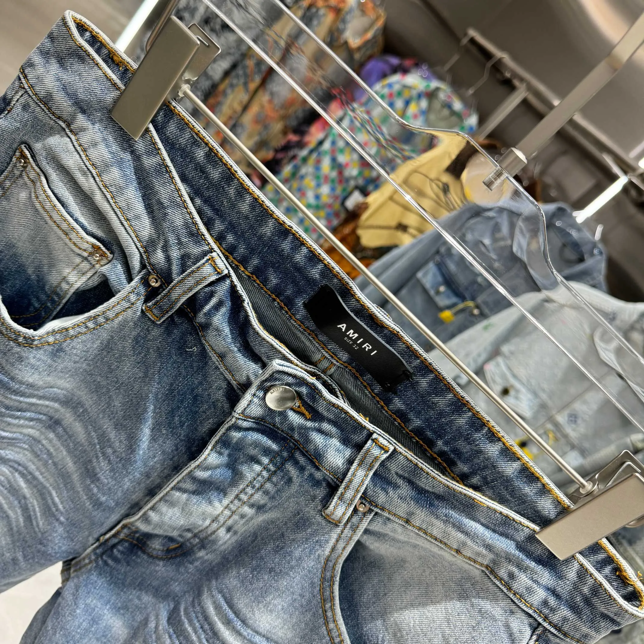 P290 Amiri ripped letter embroidered street fashion slim fit stretch jeans Color Blue Size 30 32 34 36 38
