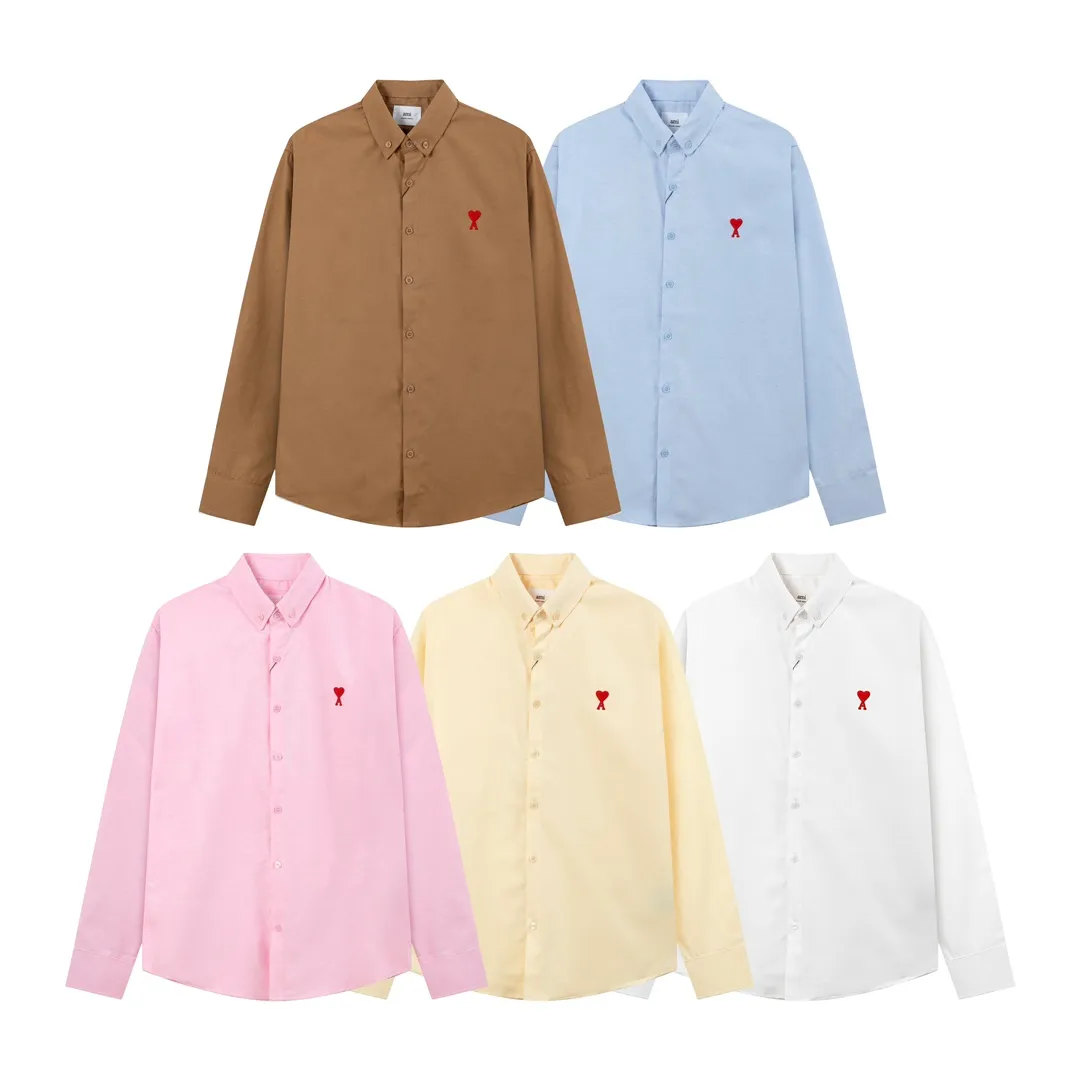 2203# AMI Paris Classic autumn red small love heart embroidery on the chest Casual cotton solid color long-sleeved Oxford shirt Original custom-made 180g pure cotton fabric Regular version Same style for men and women Color: White Blue Yellow Brown Pink Size: S-XL