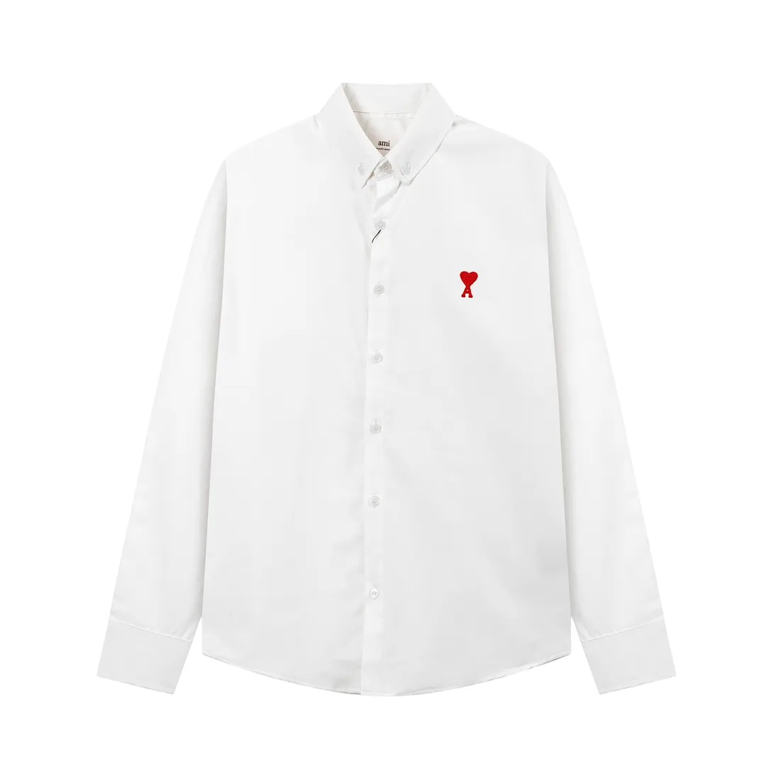 2203# AMI Paris Classic autumn red small love heart embroidery on the chest Casual cotton solid color long-sleeved Oxford shirt Original custom-made 180g pure cotton fabric Regular version Same style for men and women Color: White Blue Yellow Brown Pink Size: S-XL