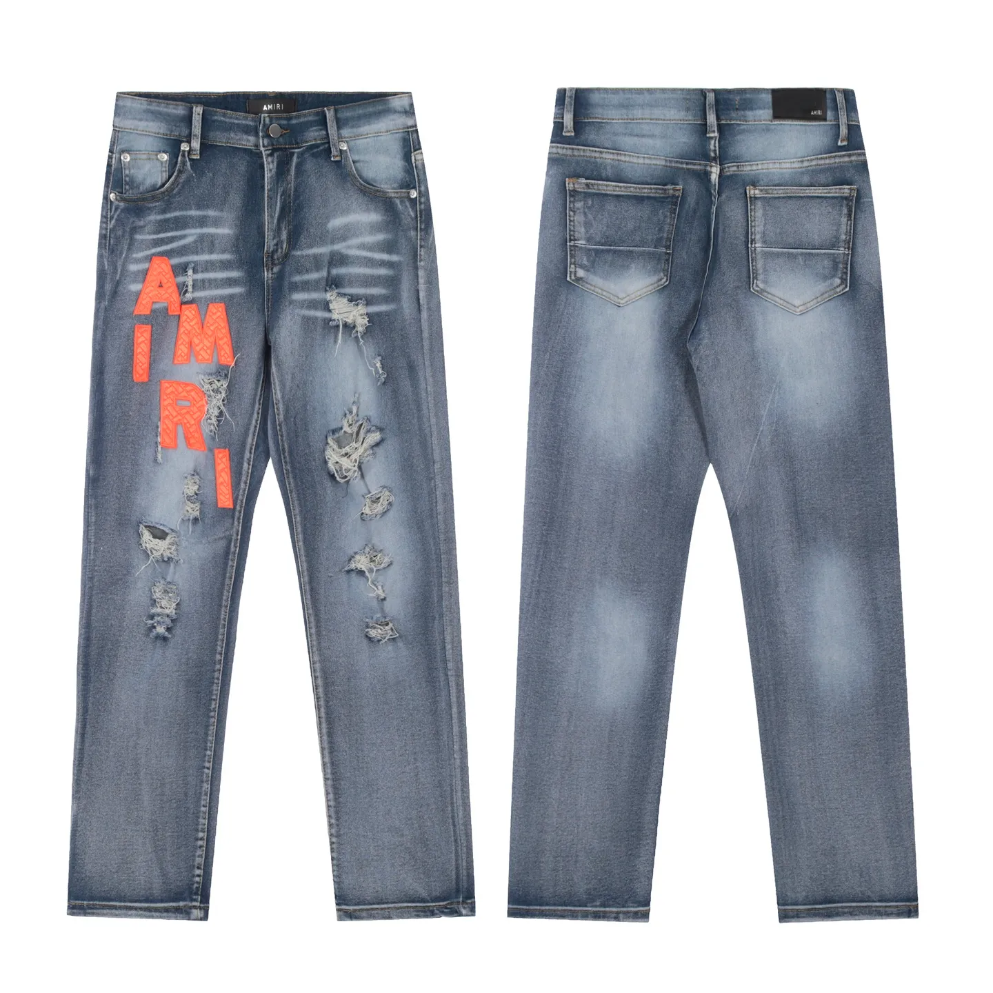 #M38 P168💰 Amiri classic embroidered leather ripped letter jeans slim fit jeans. Produced by a major washed factory. Full of high-end. Knee part destroyed design with patchwork design. Already used as facade design. Leather waist nameplate. The focus of this style is not on washing, but on the destroyed shape and version. The secret lies in the craftsmanship of the master. The cost of post-processing, grinding, cutting, etc. is far beyond the cost of assembly line products. Color: Picture color Size: 30-32-34-36