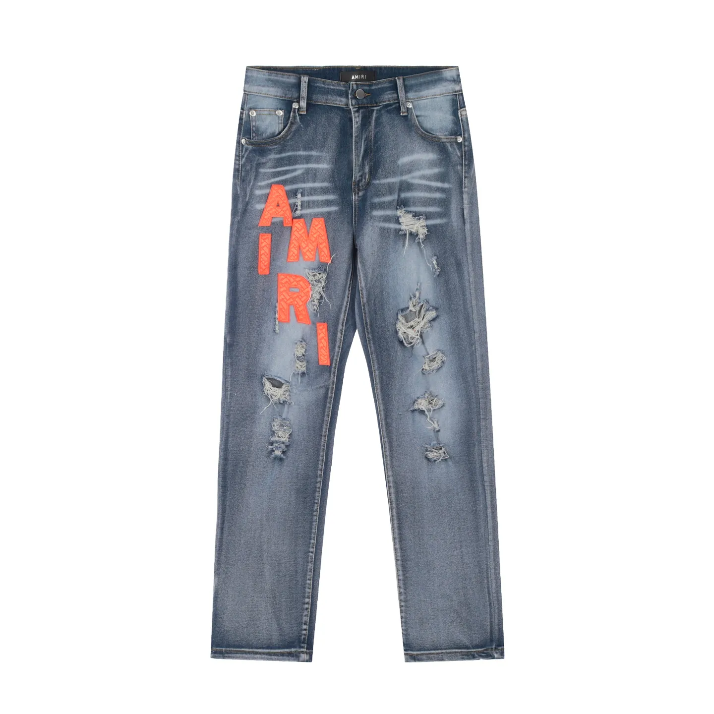 #M38 P168💰 Amiri classic embroidered leather ripped letter jeans slim fit jeans. Produced by a major washed factory. Full of high-end. Knee part destroyed design with patchwork design. Already used as facade design. Leather waist nameplate. The focus of this style is not on washing, but on the destroyed shape and version. The secret lies in the craftsmanship of the master. The cost of post-processing, grinding, cutting, etc. is far beyond the cost of assembly line products. Color: Picture color Size: 30-32-34-36