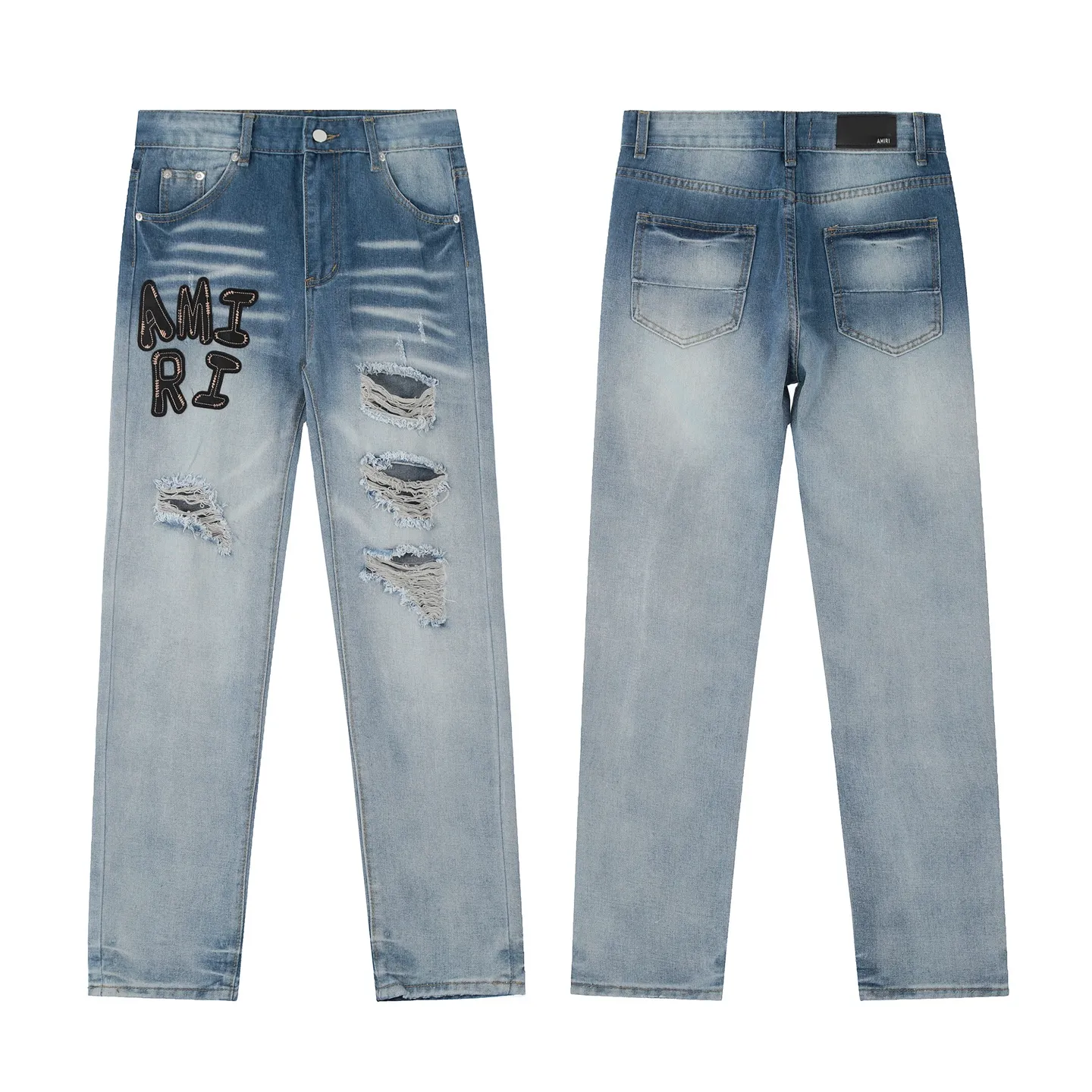 #M44 P168💰 Amiri classic embroidered patched leather ripped letter skinny jeans. Slim skinny jeans. Produced by a major washed factory. Full of high-end feel. Knee part destroyed design with patchwork design. Already used as facade design. Leather waist nameplate. The focus of this style is not on the washing, but on the destroyed shape and version. The secret lies in the craftsmanship of the master. The cost of post-processing, grinding, cutting, etc. is far beyond the cost of assembly line products. Color: Picture color Size: 30-32-34-36