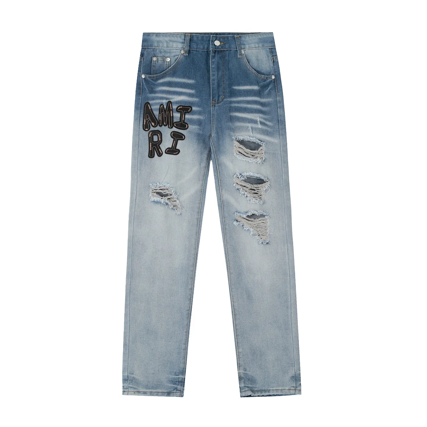 #M44 P168💰 Amiri classic embroidered patched leather ripped letter skinny jeans. Slim skinny jeans. Produced by a major washed factory. Full of high-end feel. Knee part destroyed design with patchwork design. Already used as facade design. Leather waist nameplate. The focus of this style is not on the washing, but on the destroyed shape and version. The secret lies in the craftsmanship of the master. The cost of post-processing, grinding, cutting, etc. is far beyond the cost of assembly line products. Color: Picture color Size: 30-32-34-36