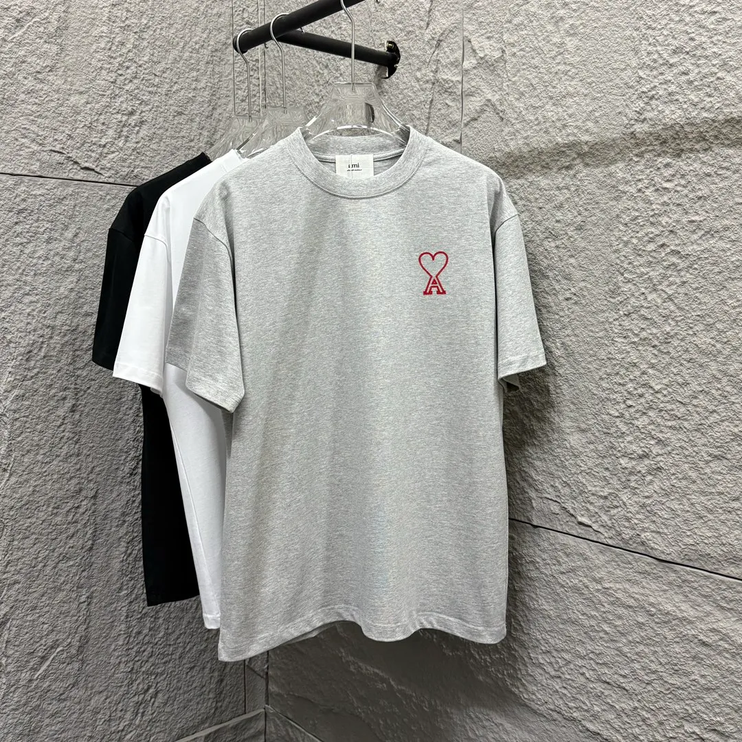 🅿️180 Ami* love embroidery 2025 spring and summer new style Hollow love A embroidered with personalized letters Customized double yarn plain cotton fabric Short-sleeved T-shirt Same style for men and women Color: white floral gray black Size: S (90-130 pounds) M (120-150 pounds) L (140-165 pounds) XL (160-180 pounds) XXL (180-210 pounds)