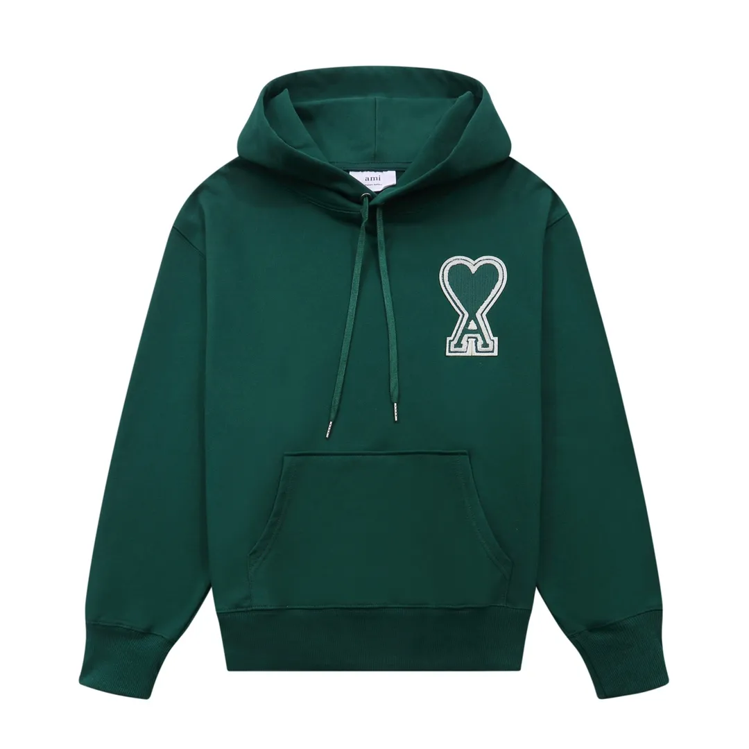 CY610#ami Alexandre Mattiussi21SS embroidered red heart solid color big heart hooded peach heart sweatshirt, same style for men and women, 10S thickened cotton sweatshirt 380G terry fabric, color: black, white, gray, red, green, pink. Size: S-XL