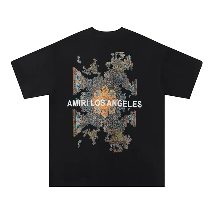 Style number: 724 P126 Fabric: 260g double yarn AMIRI 2025 spring and summer new logo round neck T-shirt high street men and women loose classic letter cashew flower short sleeves Color: black. White Size: S M L XL