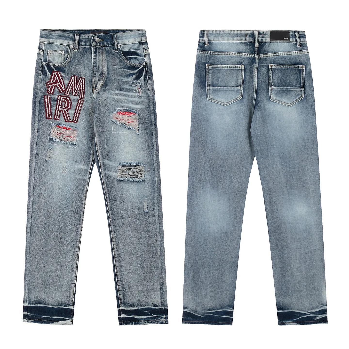 #M10 P168💰 AMIRI patch embroidery jeans trousers AMIRI high street basic ripped tight elastic jeans trousers amiri brand jeans break the production process and cutting of the original jeans, the fabrics are softer and more comfortable Hand-sewn collar label Customized logo buttons Genuine leather tag Color: Picture color Size: 30-32-34-36
