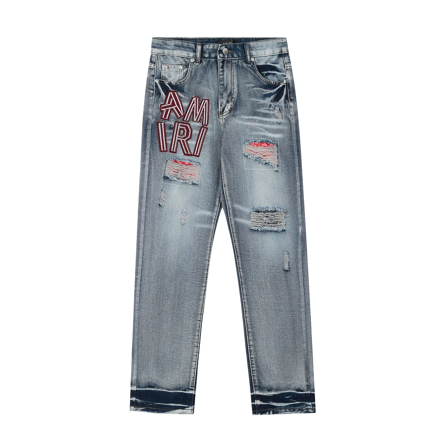 #M10 P168💰 AMIRI patch embroidery jeans trousers AMIRI high street basic ripped tight elastic jeans trousers amiri brand jeans break the production process and cutting of the original jeans, the fabrics are softer and more comfortable Hand-sewn collar label Customized logo buttons Genuine leather tag Color: Picture color Size: 30-32-34-36