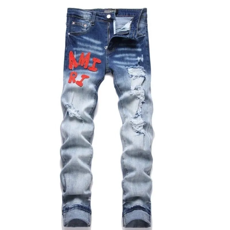 #M39 P168💰 Amiri classic embroidered patched leather distressed lettered jeans. Slim fit jeans. Produced by a major washed factory. Full of high-end. Partial destruction of the knees and patchwork design. Already used as a facade design. Leather waist nameplate. The focus of this style is not on the washing, but on the destroyed shape and version. The secret lies in the craftsmanship of the master. The cost of post-processing, grinding, cutting, etc. is far beyond the cost of assembly line products. Color: Picture color Size: 30-32-34-36