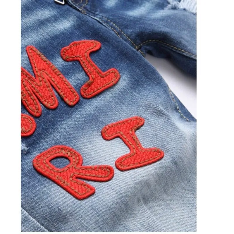 #M39 P168💰 Amiri classic embroidered patched leather distressed lettered jeans. Slim fit jeans. Produced by a major washed factory. Full of high-end. Partial destruction of the knees and patchwork design. Already used as a facade design. Leather waist nameplate. The focus of this style is not on the washing, but on the destroyed shape and version. The secret lies in the craftsmanship of the master. The cost of post-processing, grinding, cutting, etc. is far beyond the cost of assembly line products. Color: Picture color Size: 30-32-34-36