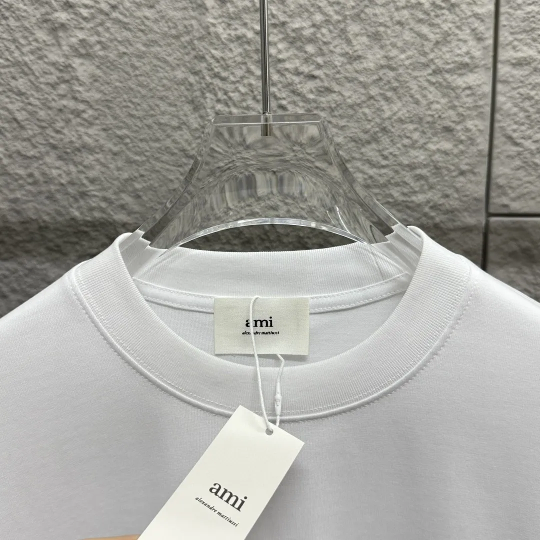 🅿️180 Ami* 2025 spring and summer new style Ami love letter red flocking Customized double yarn plain cotton fabric Short-sleeved T-shirt Uniform for men and women Color: black white floral gray Size: S (90-130 pounds) M (120-150 pounds) L (140-165 pounds) XL (160-180 pounds) XXL (180-210 pounds)