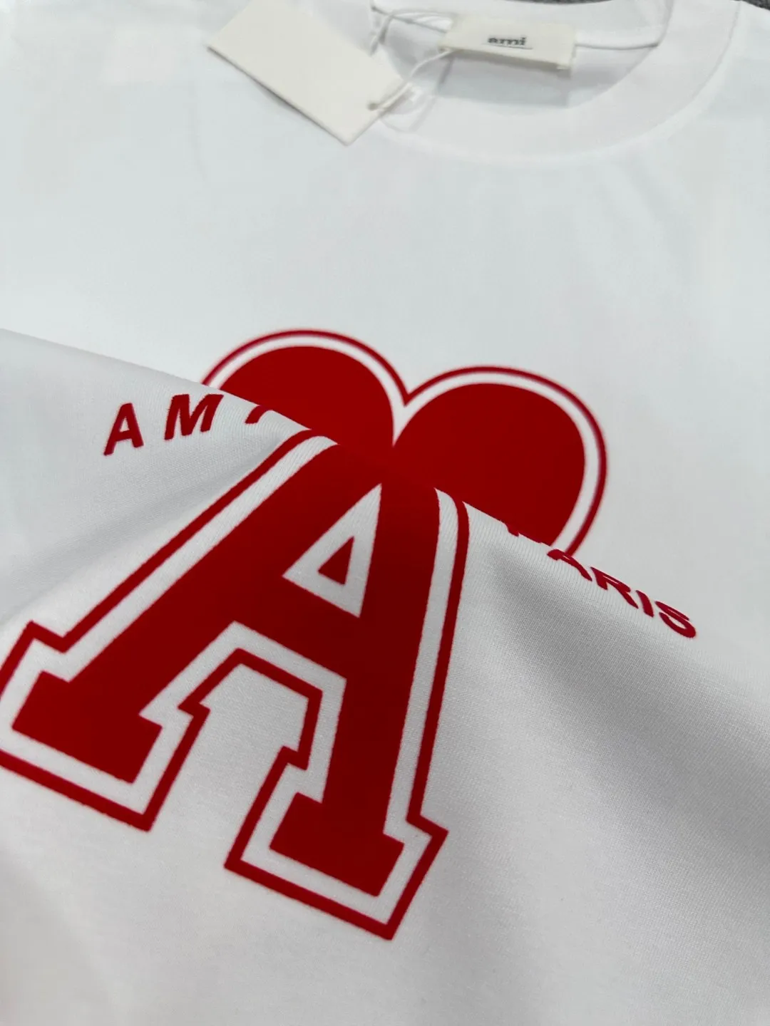 🅿️180 Ami* 2025 spring and summer new style Ami love letter red flocking Customized double yarn plain cotton fabric Short-sleeved T-shirt Uniform for men and women Color: black white floral gray Size: S (90-130 pounds) M (120-150 pounds) L (140-165 pounds) XL (160-180 pounds) XXL (180-210 pounds)