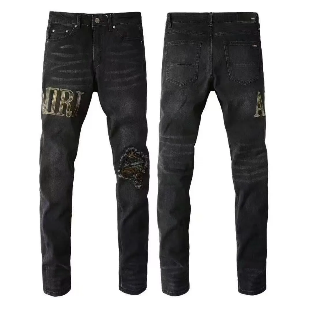 #M93 P168💰 AMIRI patch embroidery jeans trousers AMIRI high street basic ripped tight elastic jeans trousers amiri brand jeans break the production process and cutting of the original jeans, the fabrics are softer and more comfortable Hand-sewn collar label Customized logo buttons Genuine leather tag Color: Picture color Size: 30-32-34-36