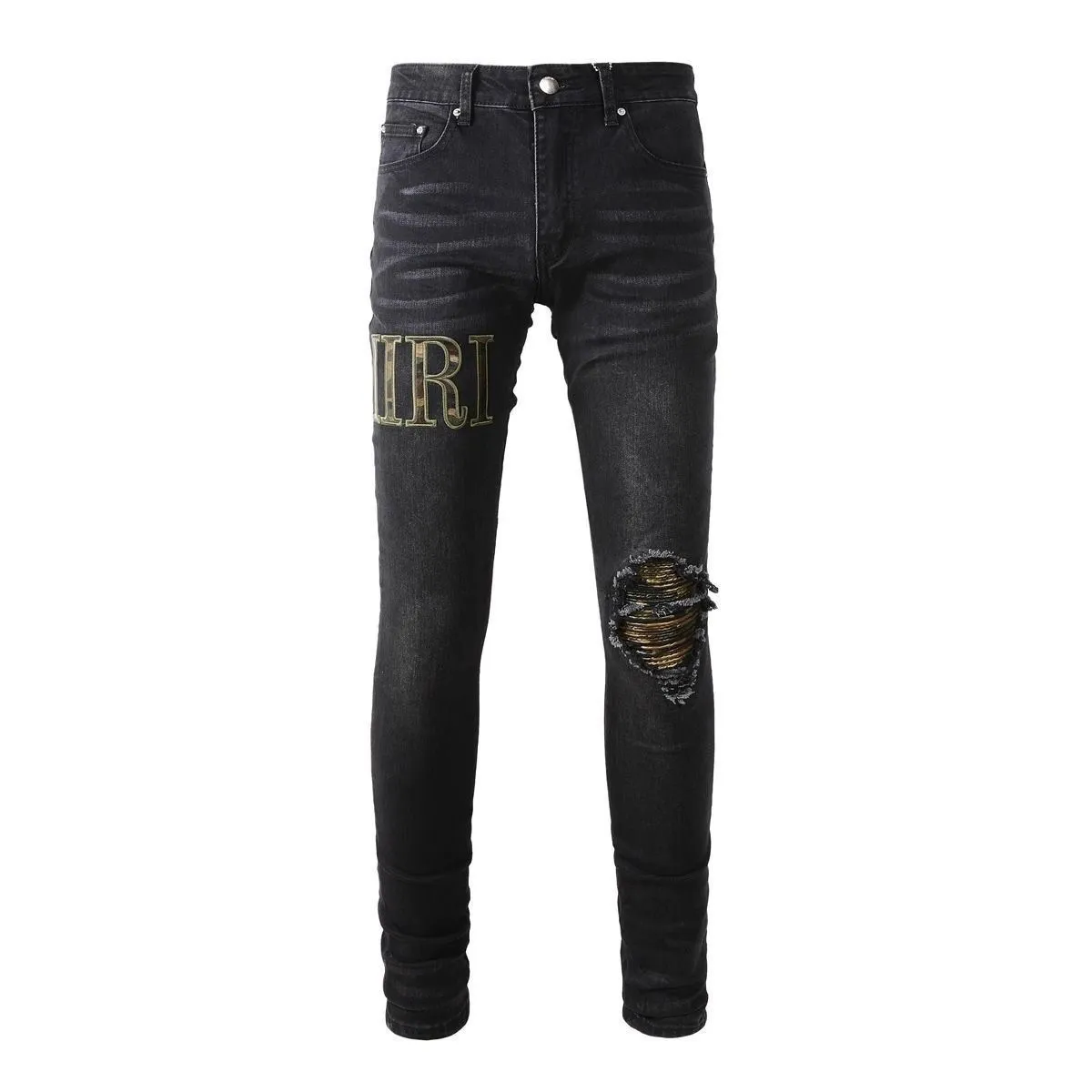 #M93 P168💰 AMIRI patch embroidery jeans trousers AMIRI high street basic ripped tight elastic jeans trousers amiri brand jeans break the production process and cutting of the original jeans, the fabrics are softer and more comfortable Hand-sewn collar label Customized logo buttons Genuine leather tag Color: Picture color Size: 30-32-34-36