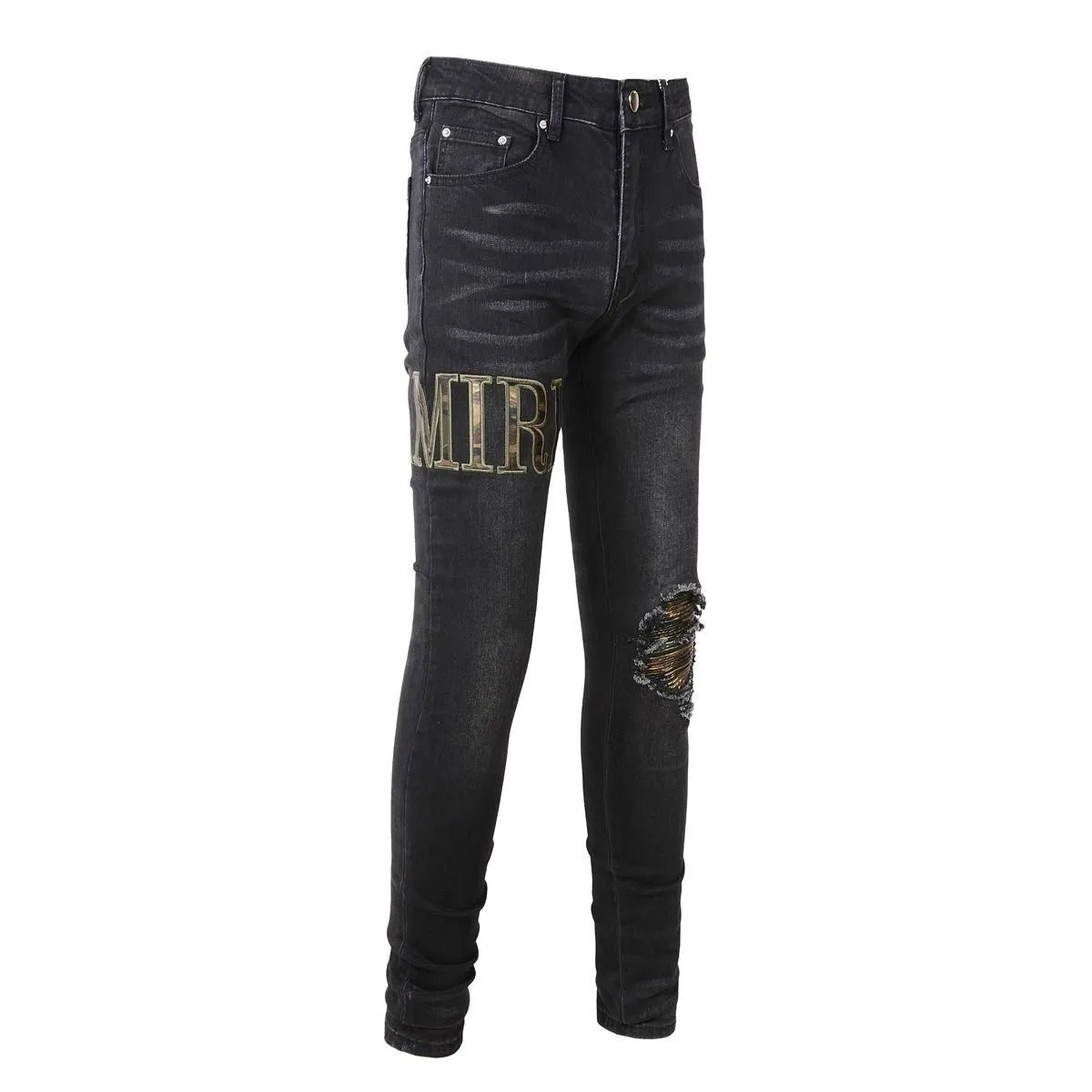 #M93 P168💰 AMIRI patch embroidery jeans trousers AMIRI high street basic ripped tight elastic jeans trousers amiri brand jeans break the production process and cutting of the original jeans, the fabrics are softer and more comfortable Hand-sewn collar label Customized logo buttons Genuine leather tag Color: Picture color Size: 30-32-34-36