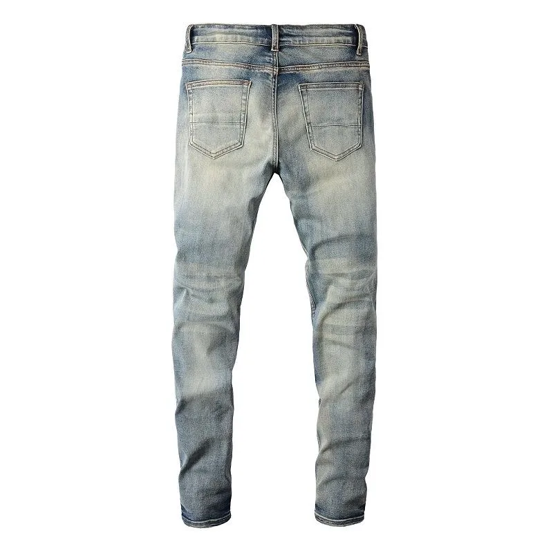 #M67 P168💰 AMIRI patch embroidery jeans trousers AMIRI high street basic ripped tight elastic jeans trousers amiri brand jeans break the production process and cutting of the original jeans, the fabrics are softer and more comfortable Hand-sewn collar label Customized logo buttons Genuine leather tag Color: Picture color Size: 30-32-34-36