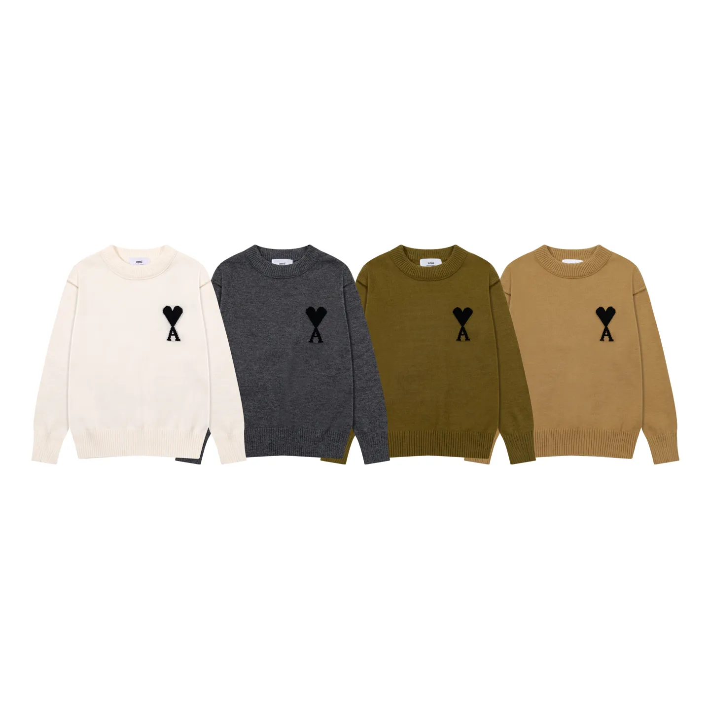 8200# Ami Paris2025 [New product for autumn and winter] Black love jacquard ADC Merino round neck pullover sweater with reverse bone stitching throughout the body. Same style for men and women. Oversize version. Color: white apricot, dark gray, green khaki, size S-XL