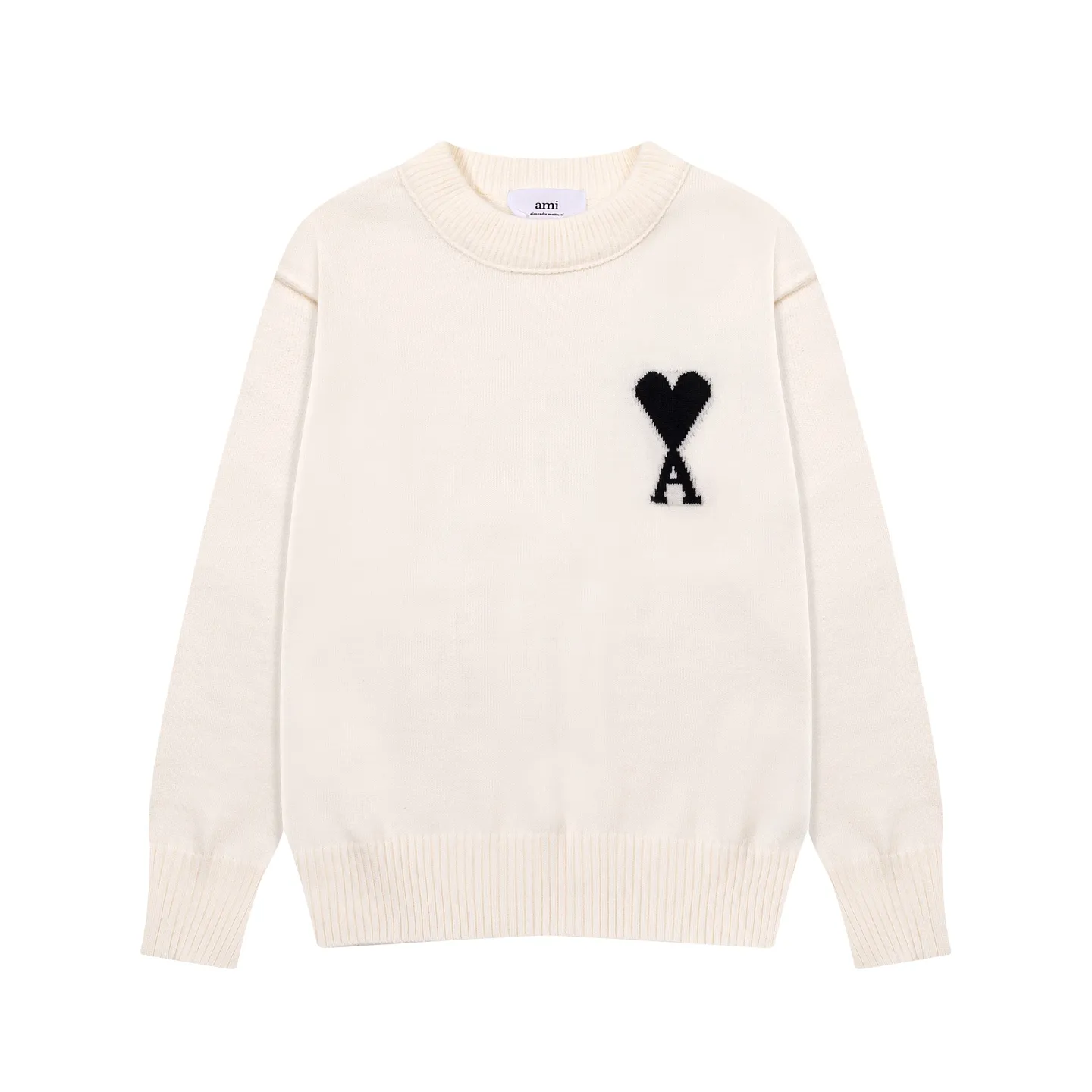 8200# Ami Paris2025 [New product for autumn and winter] Black love jacquard ADC Merino round neck pullover sweater with reverse bone stitching throughout the body. Same style for men and women. Oversize version. Color: white apricot, dark gray, green khaki, size S-XL
