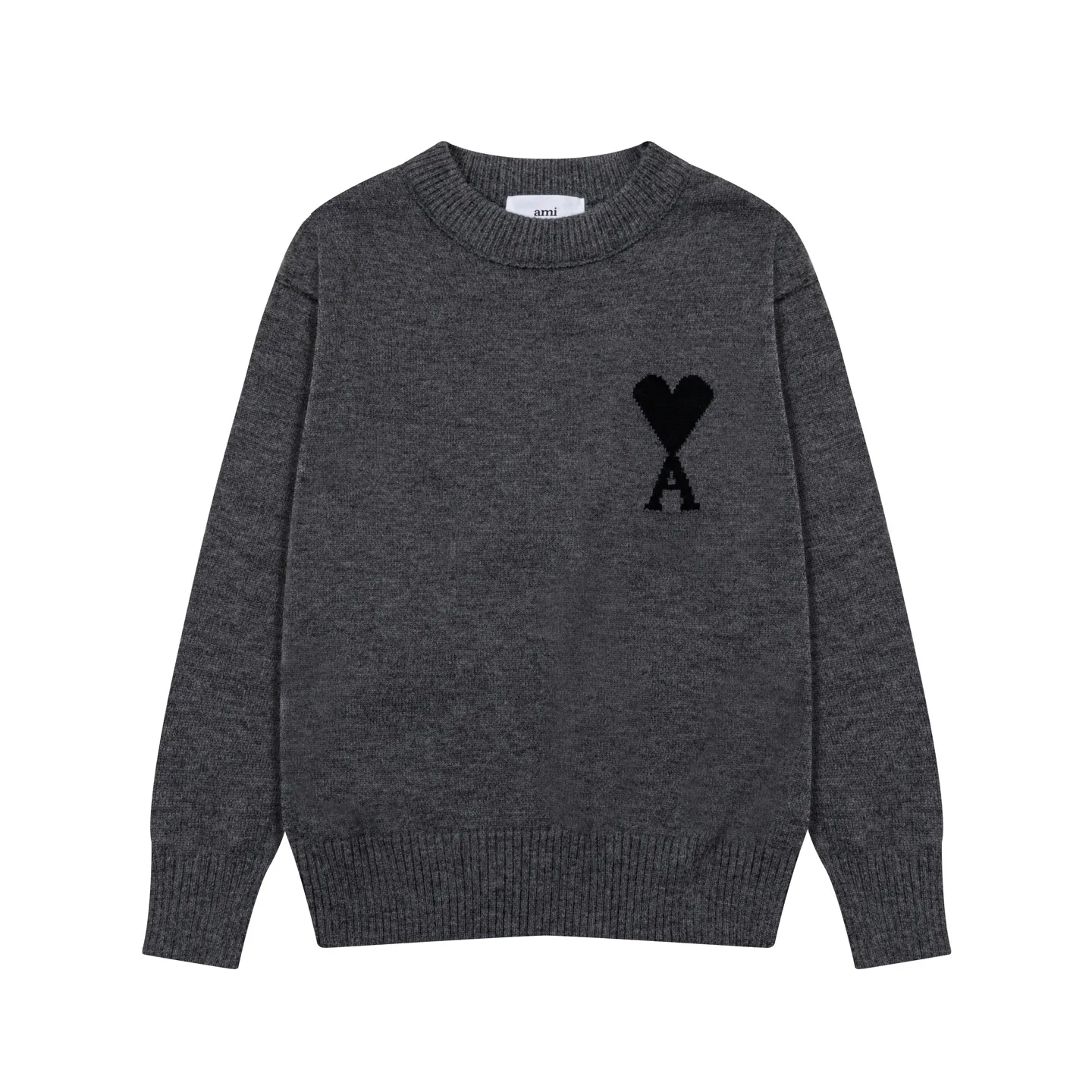 8200# Ami Paris2025 [New product for autumn and winter] Black love jacquard ADC Merino round neck pullover sweater with reverse bone stitching throughout the body. Same style for men and women. Oversize version. Color: white apricot, dark gray, green khaki, size S-XL