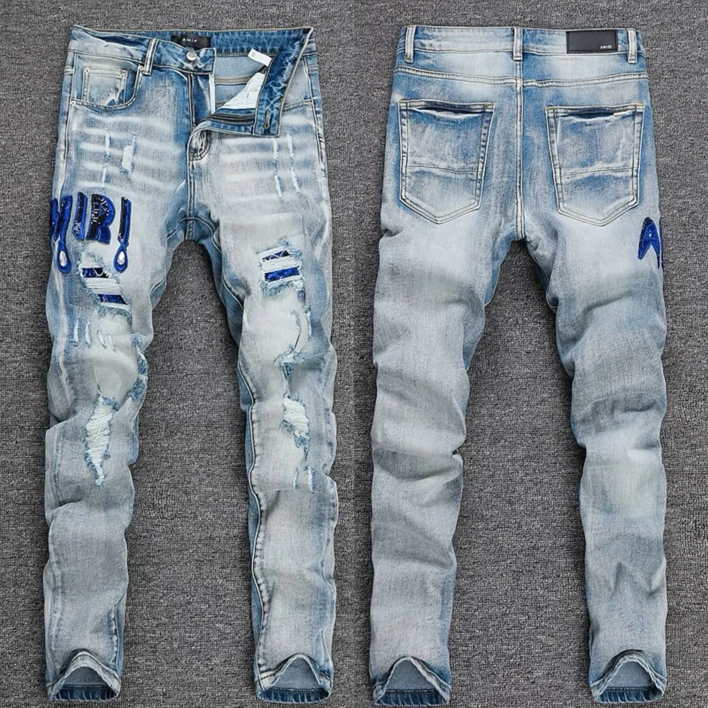 P246 💰 (Top version) AMIRI popular high street jeans slim fit stretch washed knife cut trousers for men. AMIRI amiri is transliterated as Emil, which is the name of the founder. Mike Amiri, the founder of amiri, grew up in Los Angeles, USA. He was influenced by local street culture and Punk Rock since childhood, so he founded the amiri brand named after himself. A variety of trendy clothing meets the needs of different fashion players. Amiri clothing has novel and unique styles and is a well-known street brand in the United States. The styles and styles of many clothes are loved by many street photographers. The various clothing styles meet the dressing needs of different people, show their unique temperament, and show the trend of dressing. amiri's jeans are relatively famous. Not only do they have many styles, but the quality of the jeans is also very good. Many celebrities have also worn amiri brand jeans. Color: Picture color Size: 28, 30, 32, 34, 36 28 30 32 34 36 Waist 71 76 81 86 91 Qianlang 26.5 27.5 28.5 29.5 30.5 Hou Lang 37 38 39 40 41 Foot 14 14.8 15.6 16.4 17.2 Foreign Minister 100 102 104 106 107