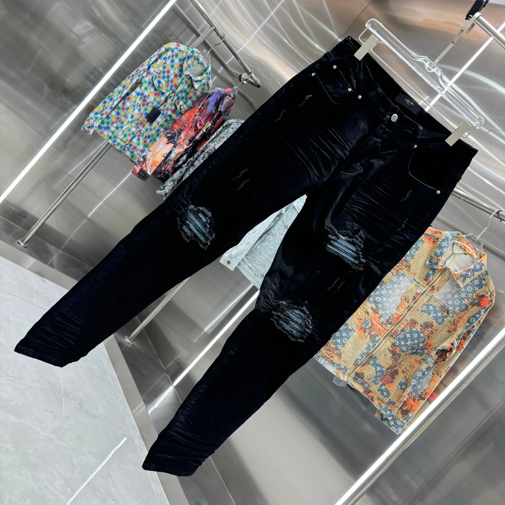 P280 Amiri ripped craft street fashion slim fit stretch jeans color black size 30 32 34 36 38