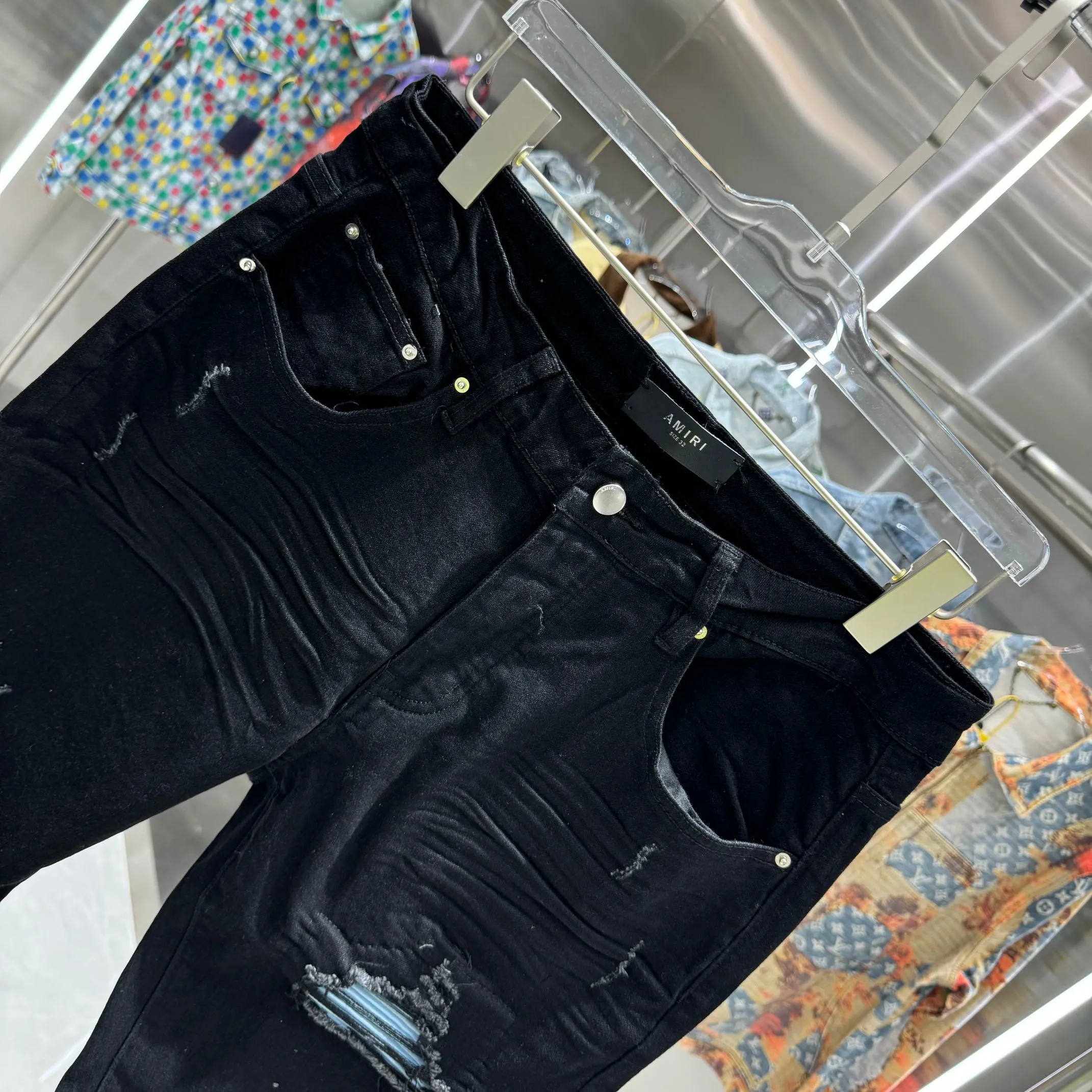 P280 Amiri ripped craft street fashion slim fit stretch jeans color black size 30 32 34 36 38