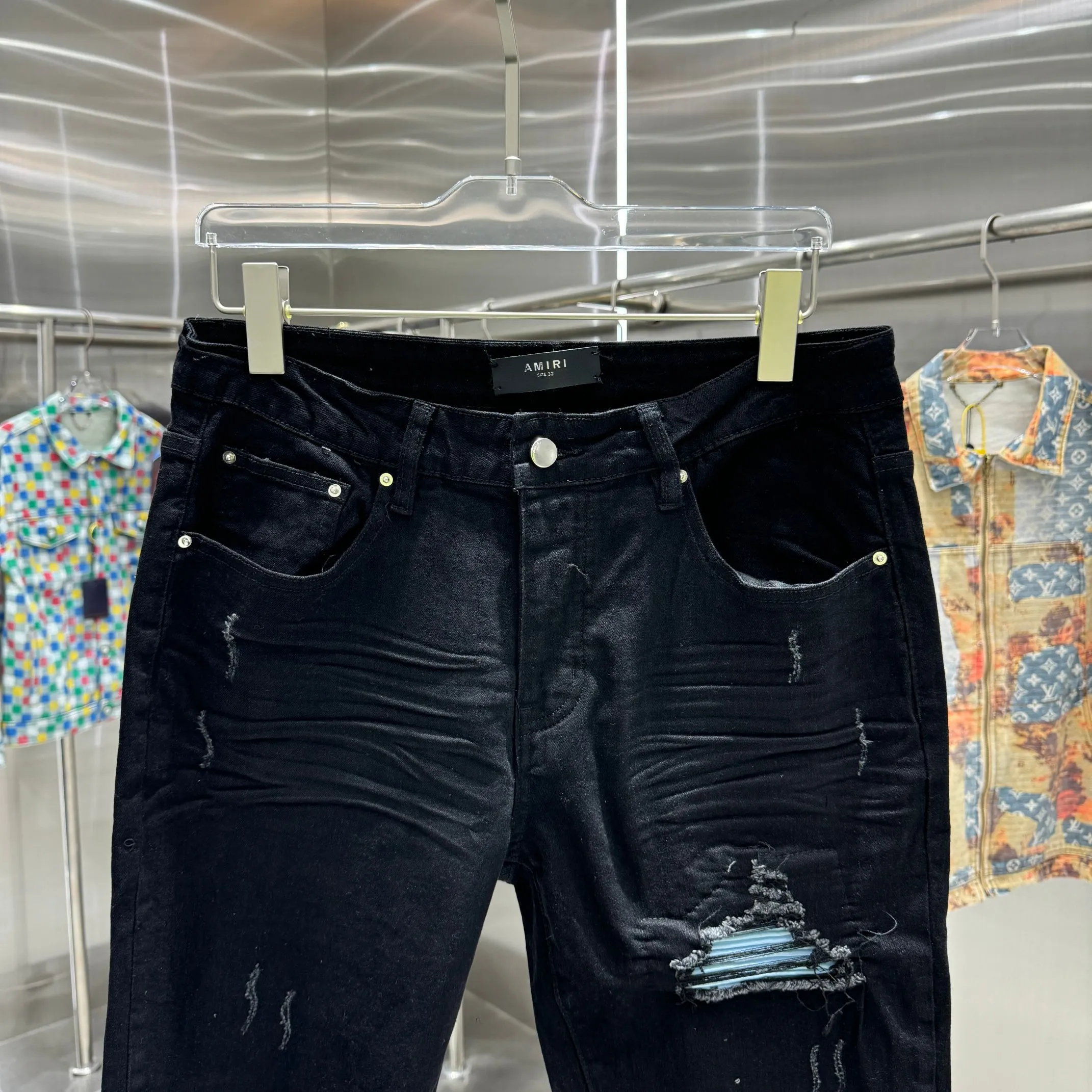 P280 Amiri ripped craft street fashion slim fit stretch jeans color black size 30 32 34 36 38