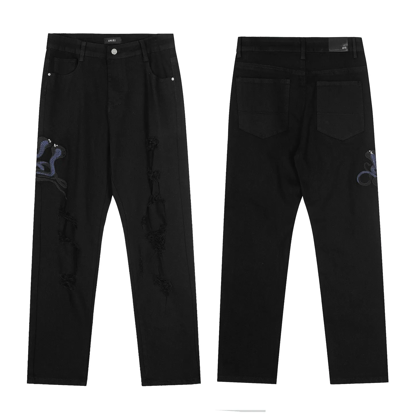 M57 P168💰 Amiri classic embroidered patched leather distressed letter jeans, slim fit jeans, produced by a large washed factory. Full of high-end feel. Knee part destroyed design with patchwork design. Already used as facade design. Leather waist nameplate. The focus of this style is not on washing, but on the shape and version of the destruction. The secret lies in the craftsmanship of the master. Later fraying, horse cutting, knife cutting, etc. The cost of hand-made products is far beyond comparison with assembly line products. Color: Picture color Size: 30-32-34-36