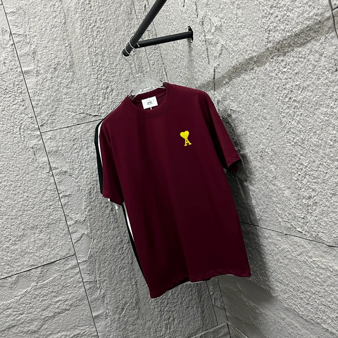 🅿️180 Ami* 2025 Spring and Summer New Style Embroidered yellow little love Customized double yarn plain cotton fabric Short-sleeved T-shirt Uniform for men and women Color: Black White Floral Gray Angora Red Size: S (90-130 catties) M (120-150 catties) L (140-165 catties) XL (160-180 catties) XXL (180-210 pounds)