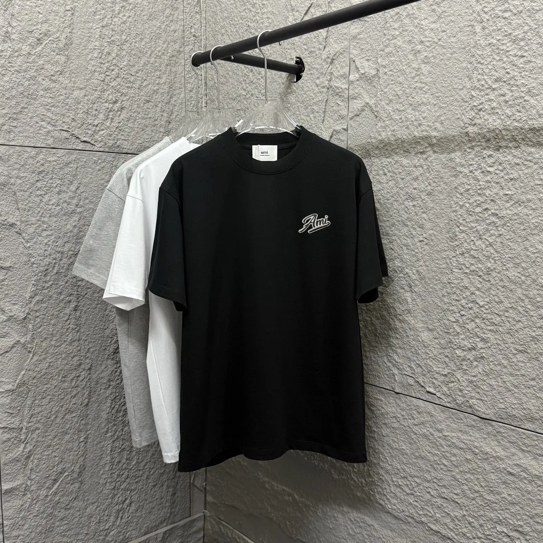 🅿️180 Ami*2025 spring and summer new Ami letter embroidery custom double yarn plain cotton fabric short-sleeved T-shirt for men and women Color: black white floral gray Size: S (90-130 pounds) M (120-150 pounds) L (140-165 pounds) XL (160-180 pounds) XXL (180-210 pounds)