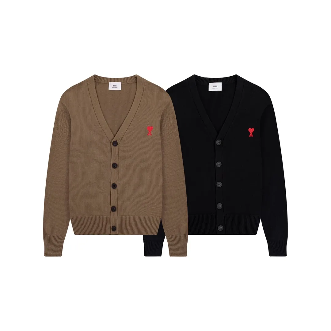 CYA39# 2022 Spring and Autumn New Ami de Coeur Small Love Embroidered V-neck Wool Sweater, Same Style for Men and Women Color: Black Brown Size: S-XL