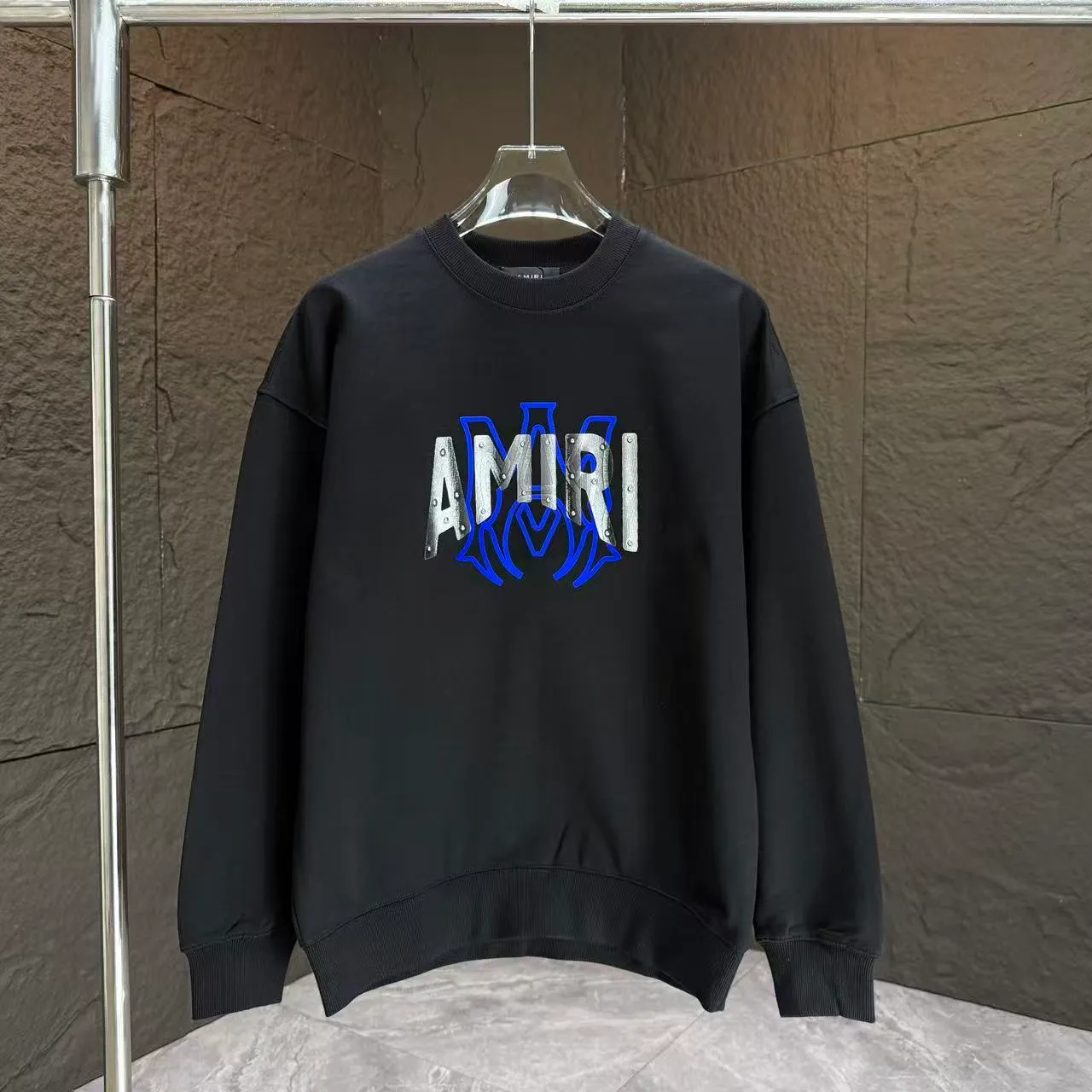 P210 AMIRI* 2025 autumn and winter new round neck sweatshirt 400g terry cotton letter flocking➕3D printing Color: Black White Gray Dark Blue Size: S M L XL XXL