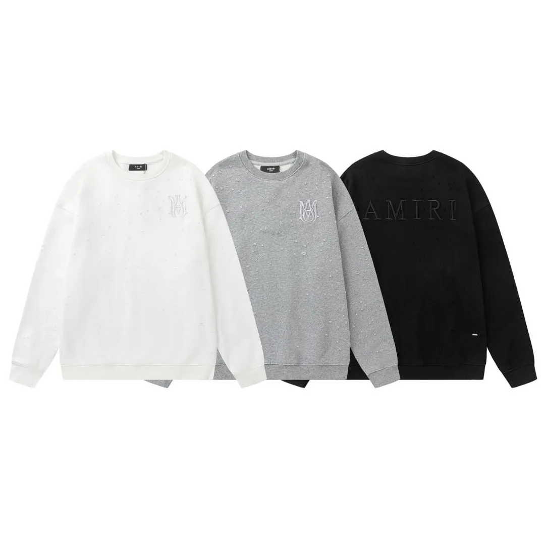 7180#P250AMIRI three-dimensional embroidered hole-shaped round neck sweatshirt, color: black, white, floral gray. Size:S M L XL