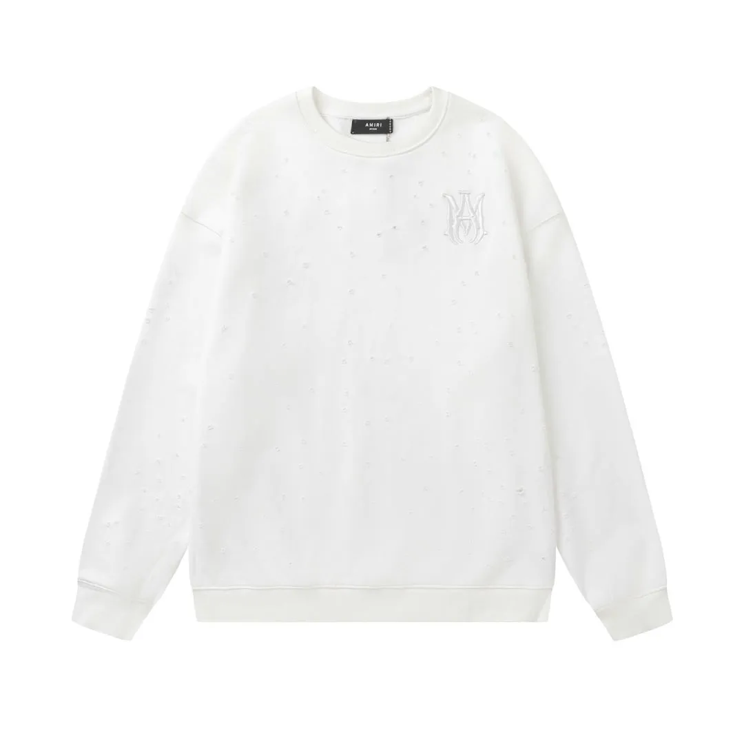 7180#P250AMIRI three-dimensional embroidered hole-shaped round neck sweatshirt, color: black, white, floral gray. Size:S M L XL