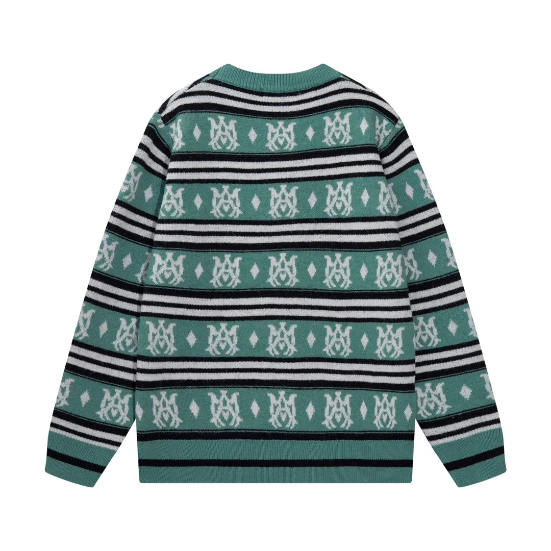P300 AMIRI new style neckline personalized logo embroidered jacquard seahorse wool sweater Color: Gray Green Size: S M L XL XXL
