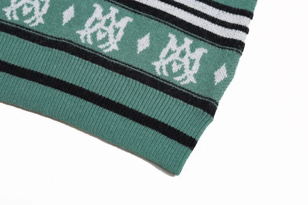 P300 AMIRI new style neckline personalized logo embroidered jacquard seahorse wool sweater Color: Gray Green Size: S M L XL XXL