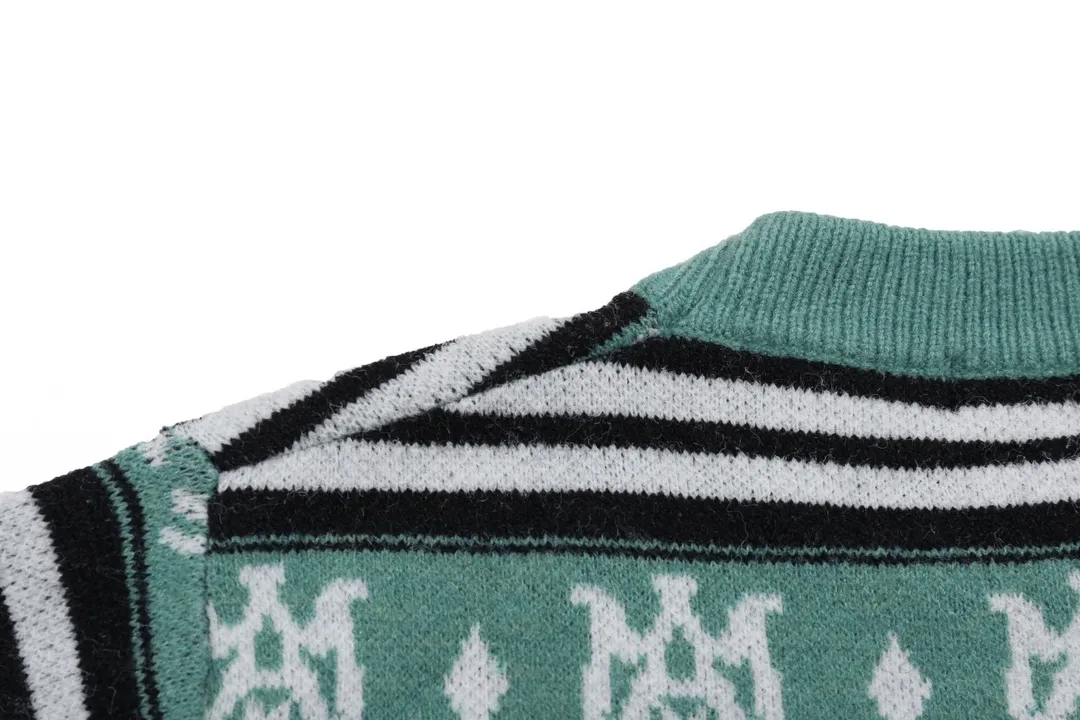P300 AMIRI new style neckline personalized logo embroidered jacquard seahorse wool sweater Color: Gray Green Size: S M L XL XXL