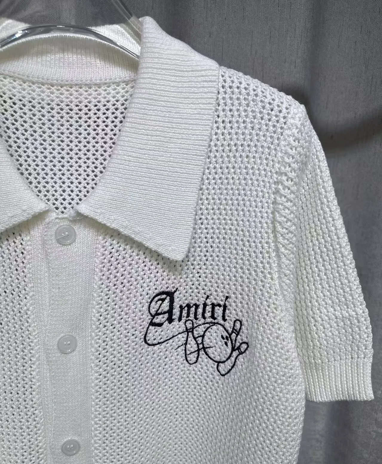 P270 🎉2025 AMIRI new summer sweater fabric POLO collar cardigan short sleeves, front and back bowling balls 🎳 pattern embroidery 🈵 body hollow heavy craftsmanship Color: White Black Size: S M L XL XXL
