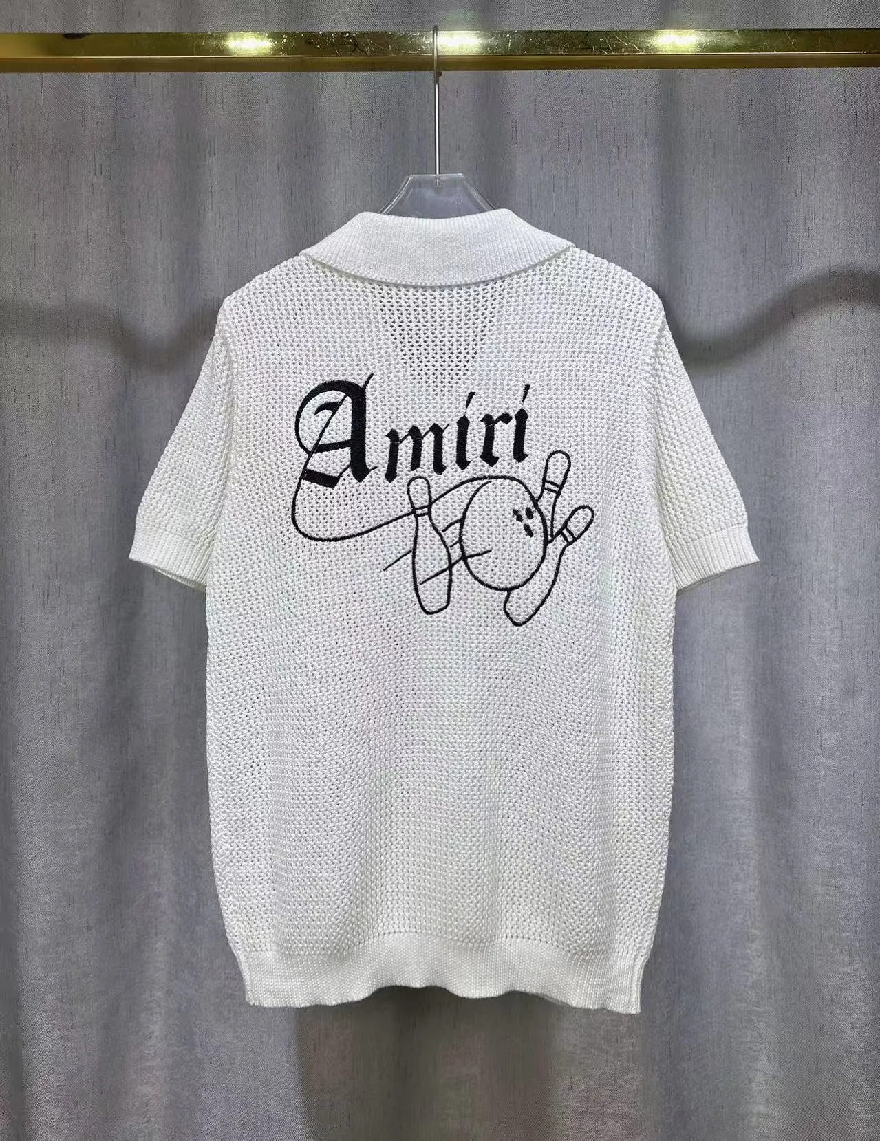 P270 🎉2025 AMIRI new summer sweater fabric POLO collar cardigan short sleeves, front and back bowling balls 🎳 pattern embroidery 🈵 body hollow heavy craftsmanship Color: White Black Size: S M L XL XXL
