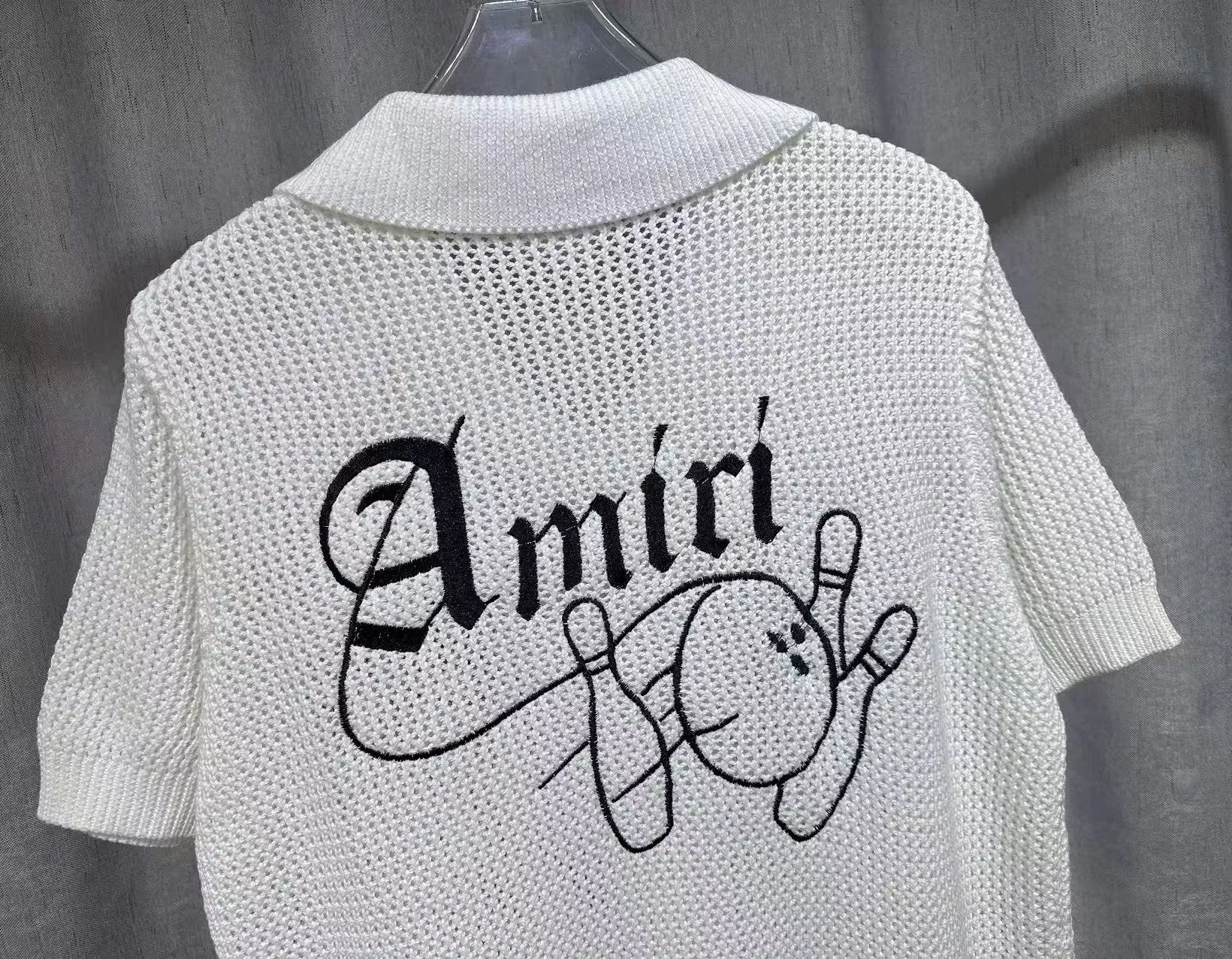 P270 🎉2025 AMIRI new summer sweater fabric POLO collar cardigan short sleeves, front and back bowling balls 🎳 pattern embroidery 🈵 body hollow heavy craftsmanship Color: White Black Size: S M L XL XXL